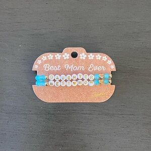 Best Mom & Daughter Gold Heart Bright Blue Bead Stretch Bracelet 2 Two Piece Set